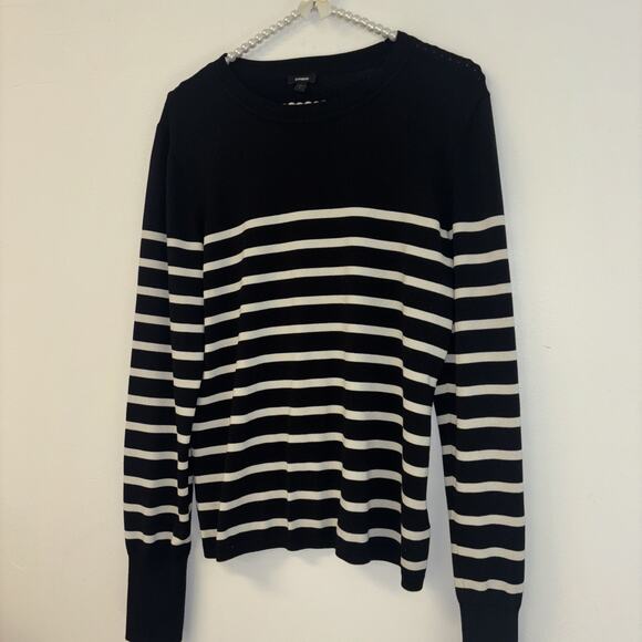 Express Sz Lg Nautical Boating Black White Striped Coastal Basic Sweater Crew - Picture 4 of 9